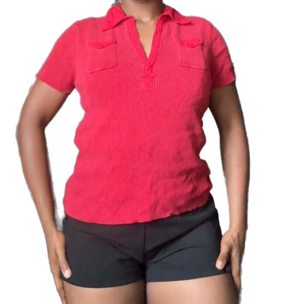 August Silk Red Ribbed Knit Polo Top | Decorative Pocket Detail